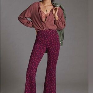 Anthropologie Plum Floral Flare Pants